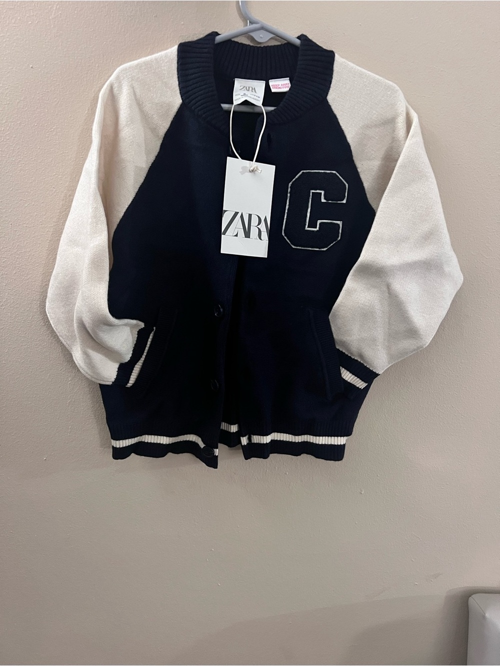 NWT Zara Kids Navy Cream Varsity Cardigan Jacket Letter C.